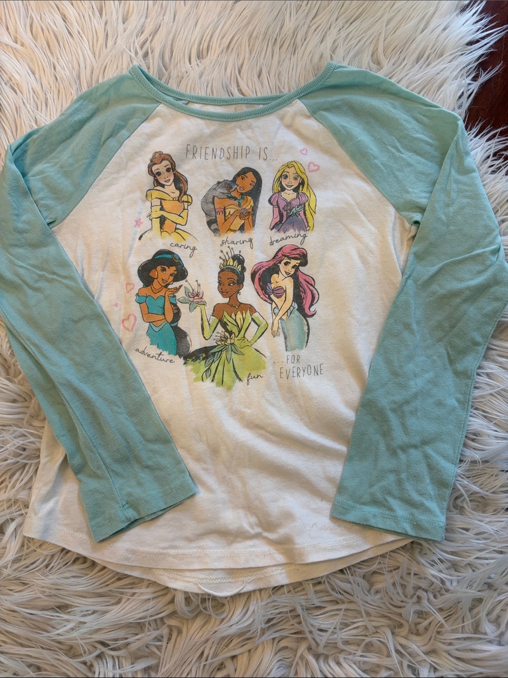 Disney Girls White Shirt with Mint Raglan Sleeves and Princess Print